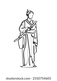 Line art of Chinese or Japanese swordwan wearing traditional clothing dress holding sword, perfect for poster, T-shirt design an print design