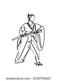 Line art of Chinese or Japanese swordwan wearing traditional clothing dress holding sword, perfect for poster, T-shirt design an print design