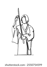 Line art of Chinese or Japanese woman traditional clothing dress holding sword, perfect for poster, T-shirt design an print design