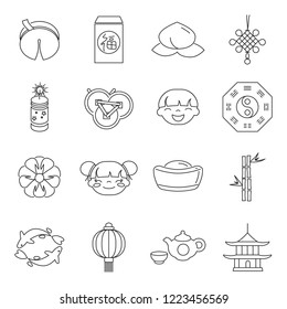 Line art chinese new year party celebration holiday icons set vector illustration