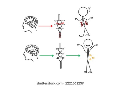 Line art of chiropractic spine adjustments. Spinal injuries and neural connections. Brain and spinal cord physiology and anatomy. Connection.