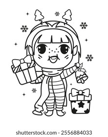 Line art  Christmas elf with presents. Coloring page. Cartoon kawaii Christmas characters