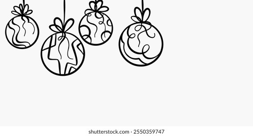 Line art Christmas globe vector ink illustration corner frame, holiday hand drawn doodle design background