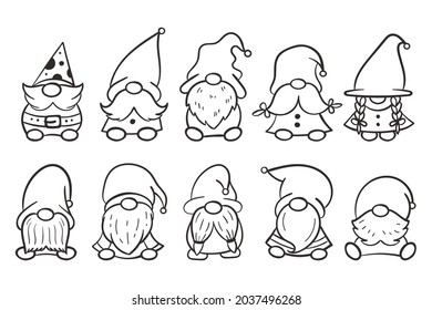 Line art Christmas gnomes design for coloring book isolated on a white background