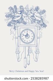 Line art Christmas and happy new year background with clock, tit birds fir branches bells bow ribbon mistletoe. Blue beige Hand drawn element Vector illustration for design holiday decor, poster, card