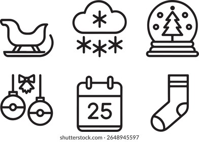 Line Art Christmas Icons Sleigh Snow Globe Ornaments Calendar and Stocking Festive Holiday Season Symbols