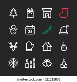 Line Art Christmas and New Year Icon Set. Vector Illustration