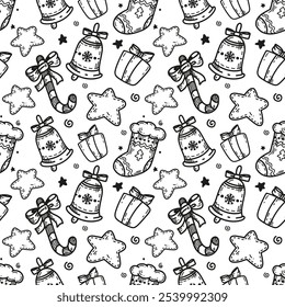 line art Christmas pattern with candy cane and bells and stars