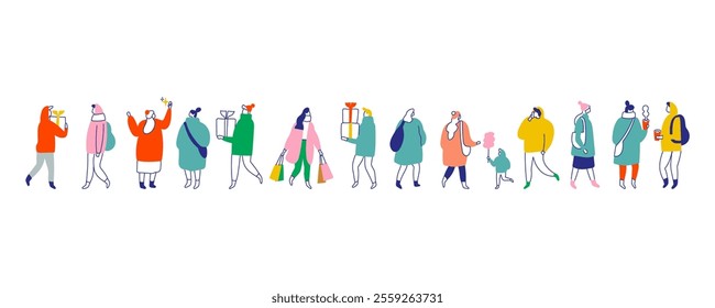 Line art Christmas people vector illustration set isolated on white. Winter time people in warm clothes, with Christmas gifts walking outdoor 