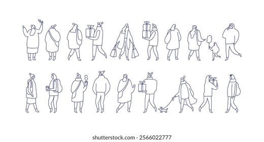 Line art Christmas people vector illustration set isolated on white. Winter time people in warm clothes, with Christmas gifts walking outdoor 