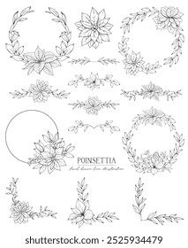 Line art Christmas Poinsettia wreaths, floral corners and dividers, line art drawing, botanical vector illustration, floral border set