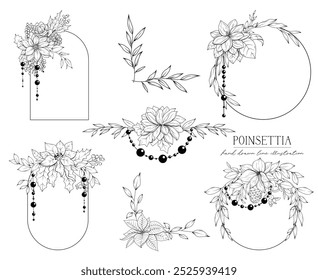 Line art Christmas Poinsettia wreaths, floral corners and dividers, line art drawing, botanical vector illustration, floral border set