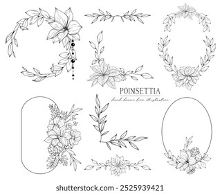 Line art Christmas Poinsettia wreaths, floral corners and dividers, line art drawing, botanical vector illustration, floral border set