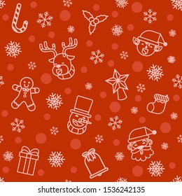 LINE ART CHRISTMAS SEAMLESS PATTERN ELEMENTS. SANTA, DEER, ELF AND OTHER OBJECT WITH RED BACKGROUND.