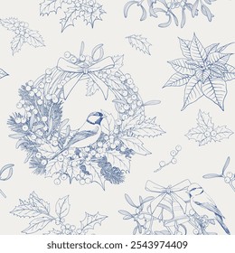 Line art Christmas seamless pattern wreath with tit birds with fir branches holly mistletoe poinsettia bells. Blue beige Hand drawn  elements Vector background for design package paper decor new year