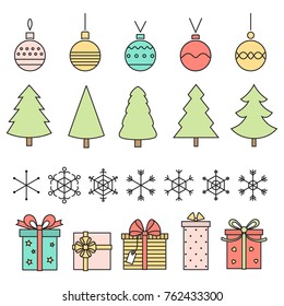 Line art christmas symbols . Trees , balls , snowflakes and gifts on white . Vector .