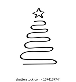Line art christmas tree. Hand-drawn in one line a festive tree with a star. Wavy black line and star isolated on white background. Holiday tree minimalistic symbol of the New Year. Vector illustration
