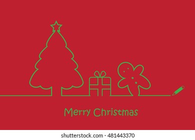 Line art Christmas vector. Xmas tree gift and gingerbread man cookies. Merry Christmas message.