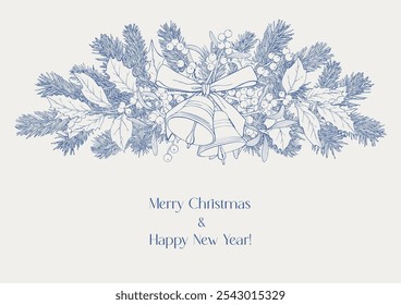 Line art Christmas Vintage illustration with bells, bow, fir branches, holly, mistletoe Blue beige Hand drawn elements. Vector background for design holiday decor, decoration new year, greeting card