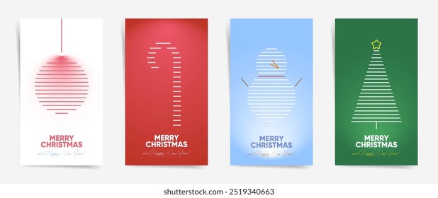 Line Art Christmas and Winter Holiday Posters with Minimalist Cute Illustrations of Candy Cane, Snowman, Christmas Tree and Christmas Bauble 