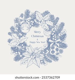 Linie Kunst Weihnachtskranz mit Tannenzweigen, Holly, Kugeln, Poinsettia, Bogen. Blaubeige. Handgezeichnete Elemente. Elegante Vektor vintage botanische Illustration für Design Grußkarte, Feiertagsdekoration