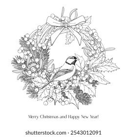 Line art Christmas wreath with tit bird, spruce branches holly mistletoe bow berries. Black white. Hand drawn elements. Linear Vector illustration for design holidays greeting card new year decor
