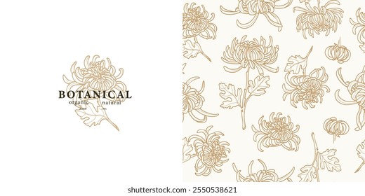 Logotipo de flores de crisântemo de arte de linha e padrão sem costura