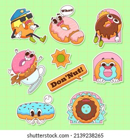 Line Art chunky Hippie Retro hippie stickers, psychedelic groovy set bundle elements. Cute vintage icons Sticker Label in 70s, 80s, 90s style. Flat vector illustration, Donut design templates.
