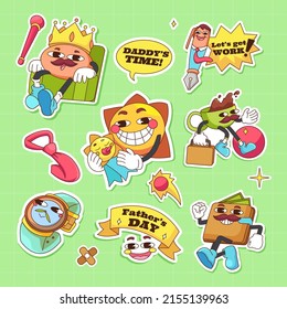 Line Art chunky Hippie Retro Happy Vater's Day Sticker, psychedelische groovy Set Bundle Elemente. Cute Vintage Icons Sticker Label in 70er, 80er, 90er Stil. Flache Vektorgrafik, Design-Vorlagen.