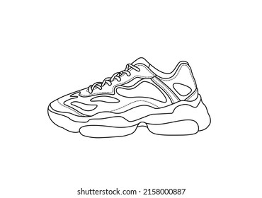 Line Art Chunky Sneakers Silhouette. Trendy Shoes Icon. Fashion Footwear Symbol. Big Sole Shoe