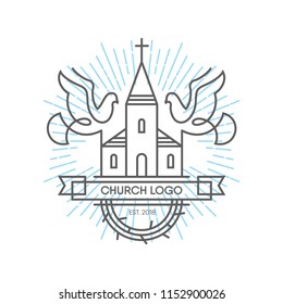 Line Art of church logo with Doves and Crown of thorns