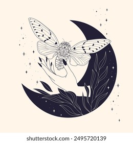 line art cicada in witch hand on light background, mystic ritual concept