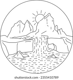 Line art circle badge, featuring a landscape. A majestic waterfall cascades into a tranquil lake-river beneath a vibrant sunset-sunrise.