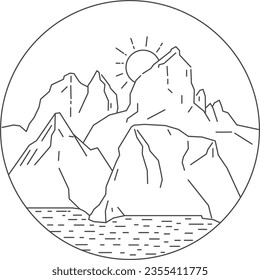 Line art circle badge, featuring a landscape. A majestic mountain cascades into a tranquil lake beneath a vibrant sunset-sunrise.