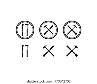 Line Art Circle Cross Hammer and Chisel Tool for Woodworker Illustration Symbol Logo Silhouette