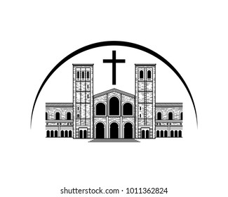 Line Art Circle Religion or Chruch Buiding for Pray with Two Towers and Cross Illustration Hand Drawing Symbol Logo Vector