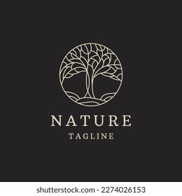 Line art circle tree logo design. tree and root vector template