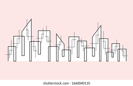 Line art. The city is drawn in a solid line on a pink background.