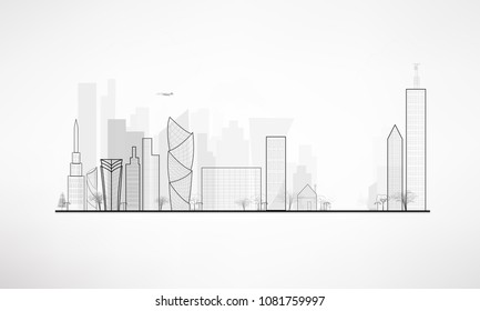 Line art city landscape on gray background.