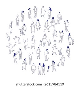 Line art city people crowd big bundle isolated on white. Hand drawn City People vector set. Male and female characters set	