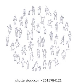 Line art city people crowd big bundle isolated on white. Hand drawn City People vector set. Male and female characters set	