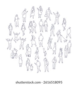 Line art city people crowd big bundle isolated on white. Hand drawn City People vector set. Male and female characters set		