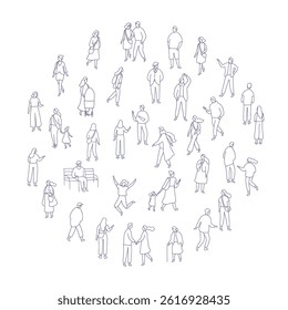 Line art city people crowd big bundle isolated on white. Hand drawn City People vector set. Male and female characters set		