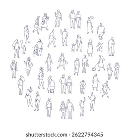 Line art city people crowd big bundle isolated on white. Hand drawn City People vector set. Male and female characters set	
