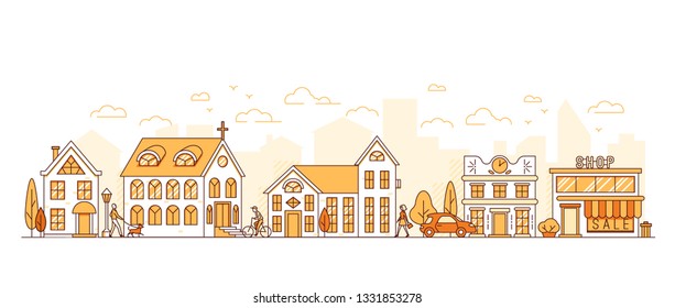 Line Art, Cityscape, Town Street With Houses, Church And Shop, Trees And Clouds, People Walking With Dog, Riding Bicycle, Everyday Life, Vector Illustration