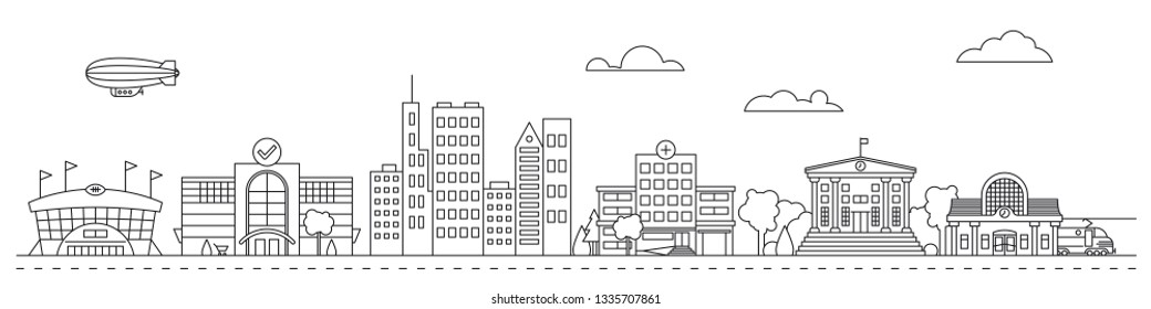 Line art cityscape vector illustration with public buildings, houses, stadium, mall and train station on main street