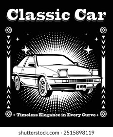 line art classic car with brutalism background