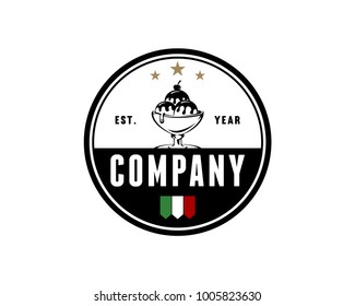 Line Art Classic Circle with Ice Cream on the Glass Bowl and Italian Flag Illustration Hand Drawing Symbol Logo Restaurant Vector
