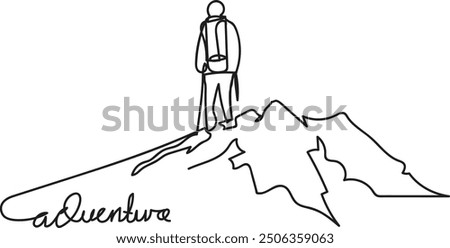 Line Art of a Climber Reaching the Highest Peak, Travel Vector