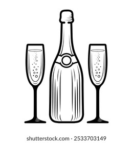 Line art clip art of a champagne bottle and two flutes. vector illustration